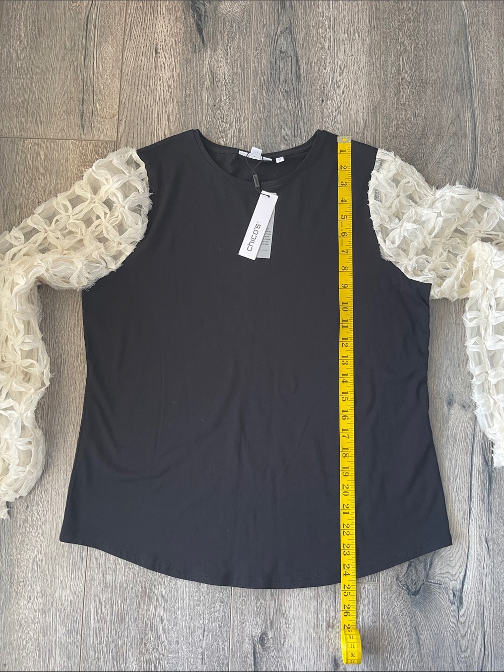 Chico's Black Top with Cream Lace Puff Sleeves - Picture 5 of 12